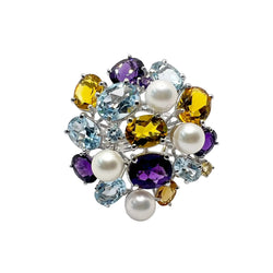 LUCIANO SOMENZI "Cocktail" Ring in white gold, with Amethyst, Quartz, Topaz, and Pearls