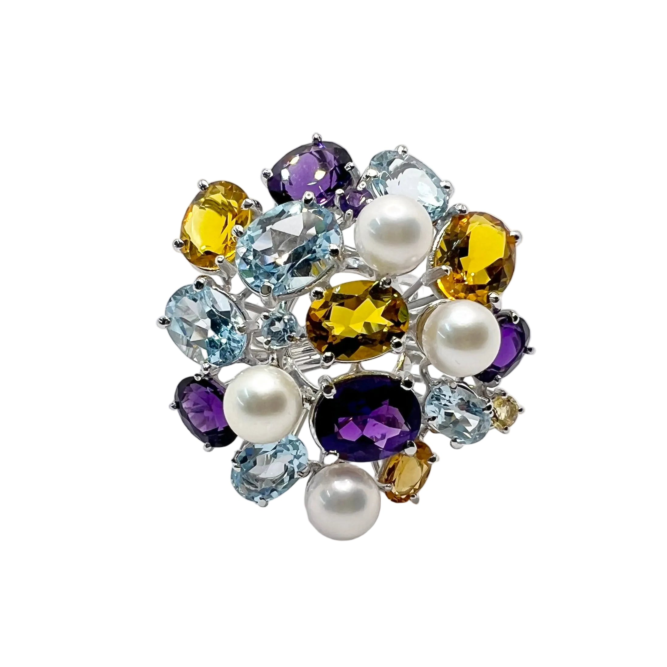 LUCIANO SOMENZI "Cocktail" Ring in white gold, with Amethyst, Quartz, Topaz, and Pearls
