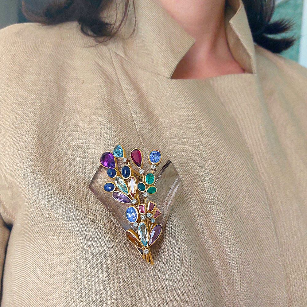 Brooch Pin in white gold, yellow gold, rock crystal, emeralds, sapphires, aquamarines, citrines, amethysts and tourmalines