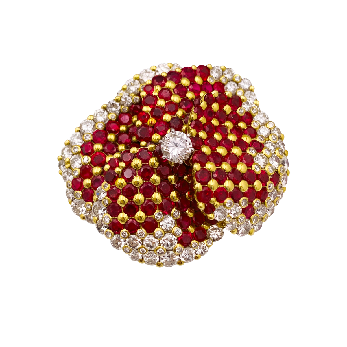 "Pansy" Clip Brooch in Yellow Gold, Rubies, and Diamonds