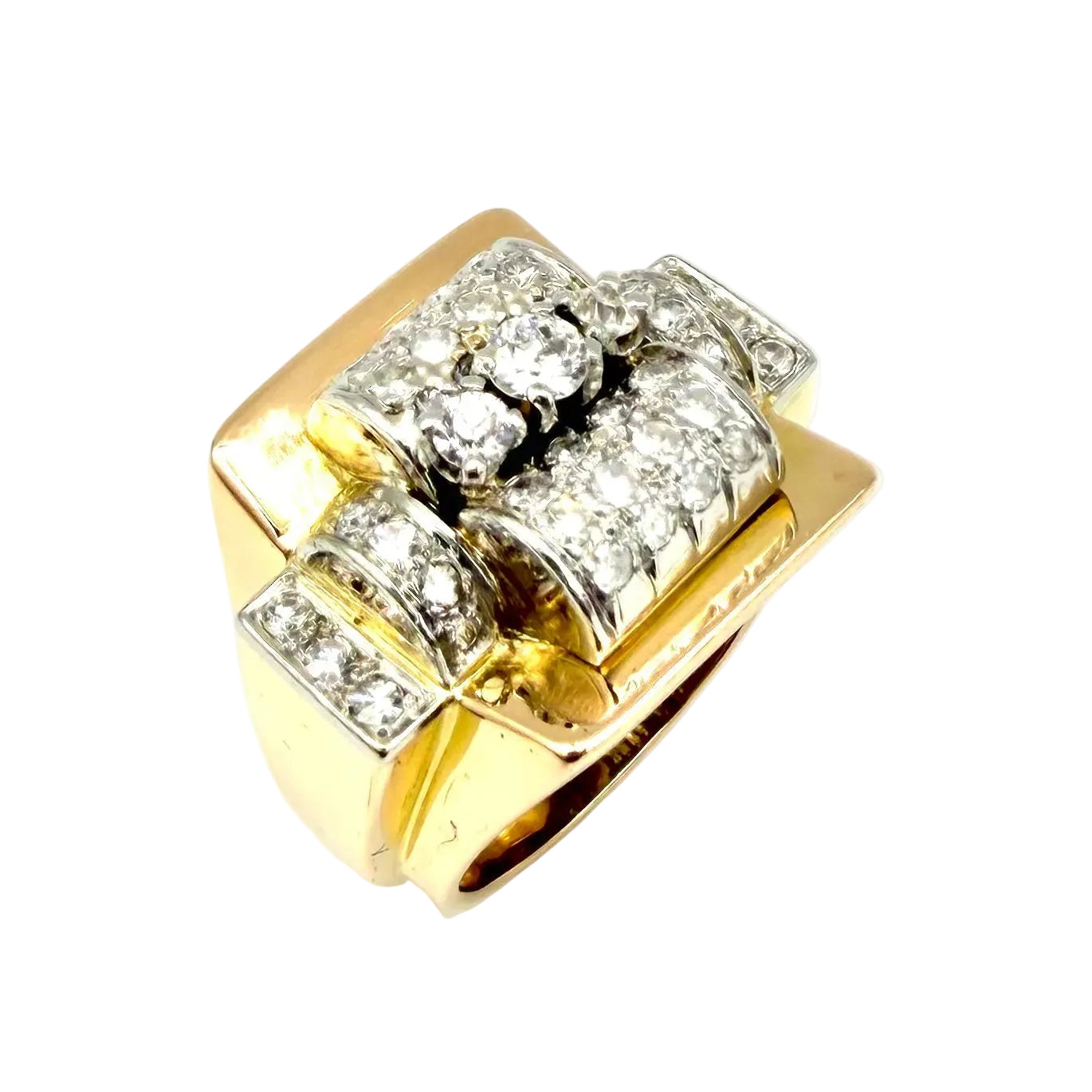 Tank Ring in yellow gold, Platinum, and Diamonds