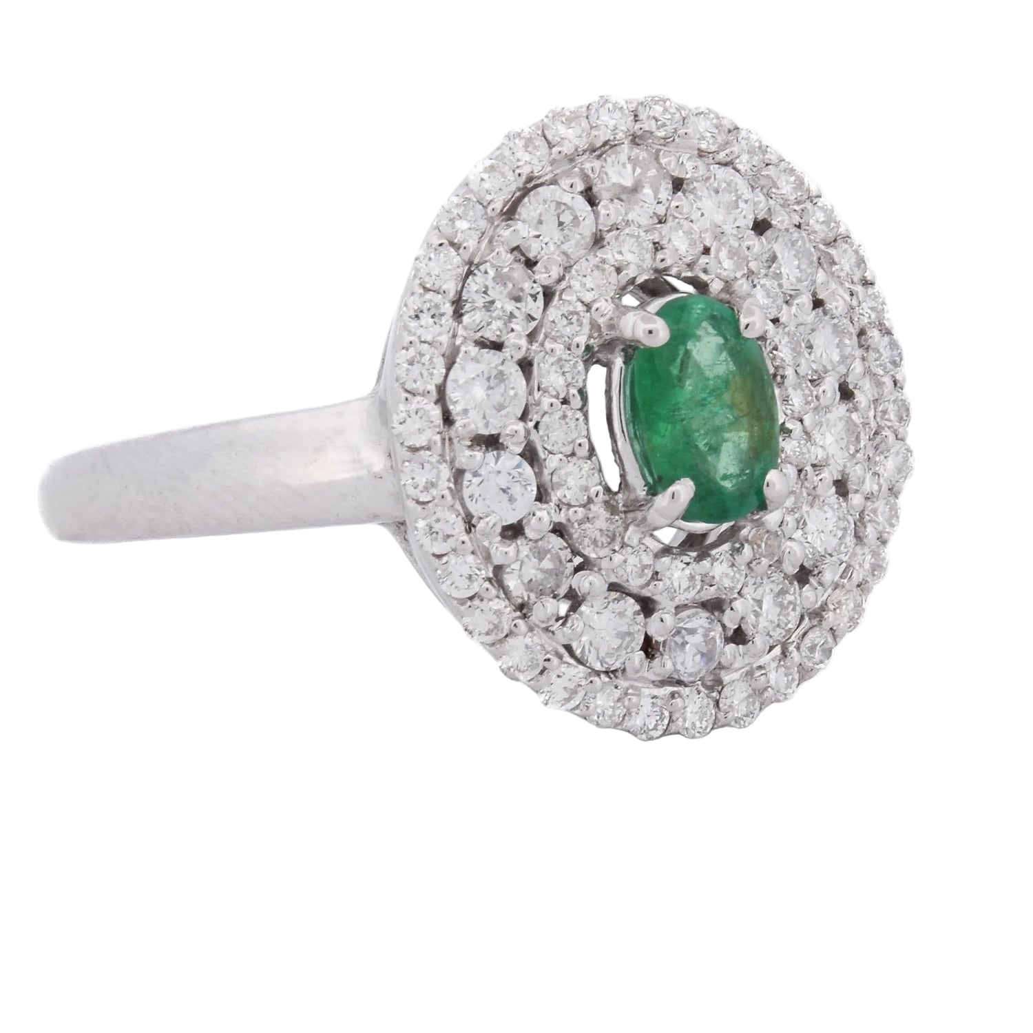 "Entourage" Ring in White Gold, Emerald, and Diamonds