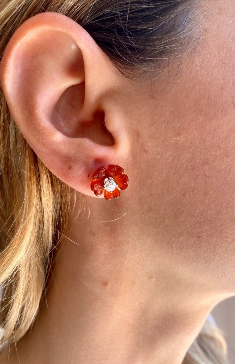 1960s Diamond Carnelian Stud Flower Earrings - Castafiore