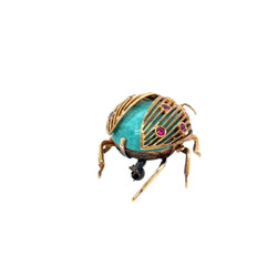 1970s Italian Ladybug Brooch in 18k Gold with Turquoise Enamel and Rubies - Castafiore