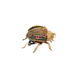 1970s Italian Ladybug Brooch in 18k Gold with Turquoise Enamel and Rubies - Castafiore