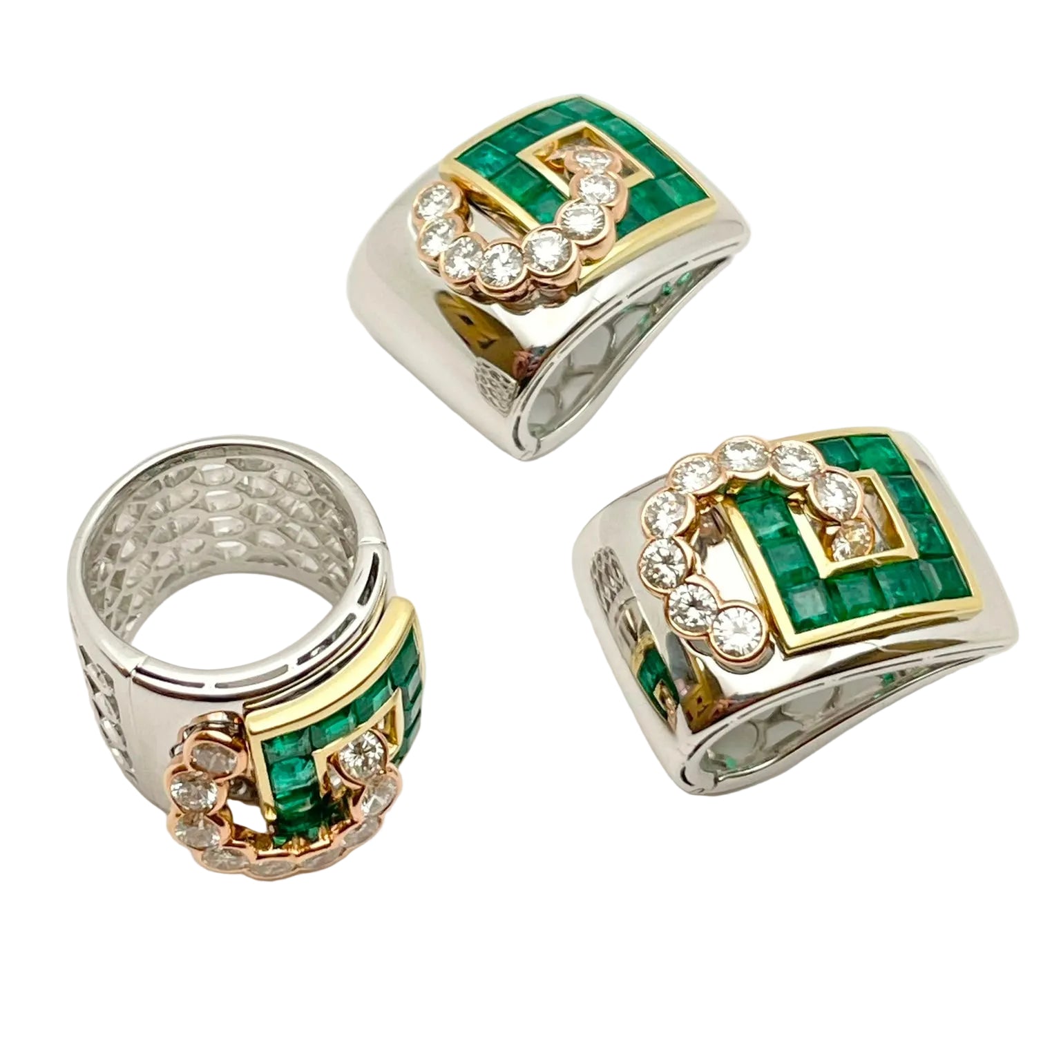 LUCIANO SOMENZI jewelry set in white gold, yellow gold, rose gold, emeralds, and diamonds