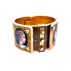 19th Century Austrian Enamel Diamonds Pearls Gold Portraits Bangle - Castafiore