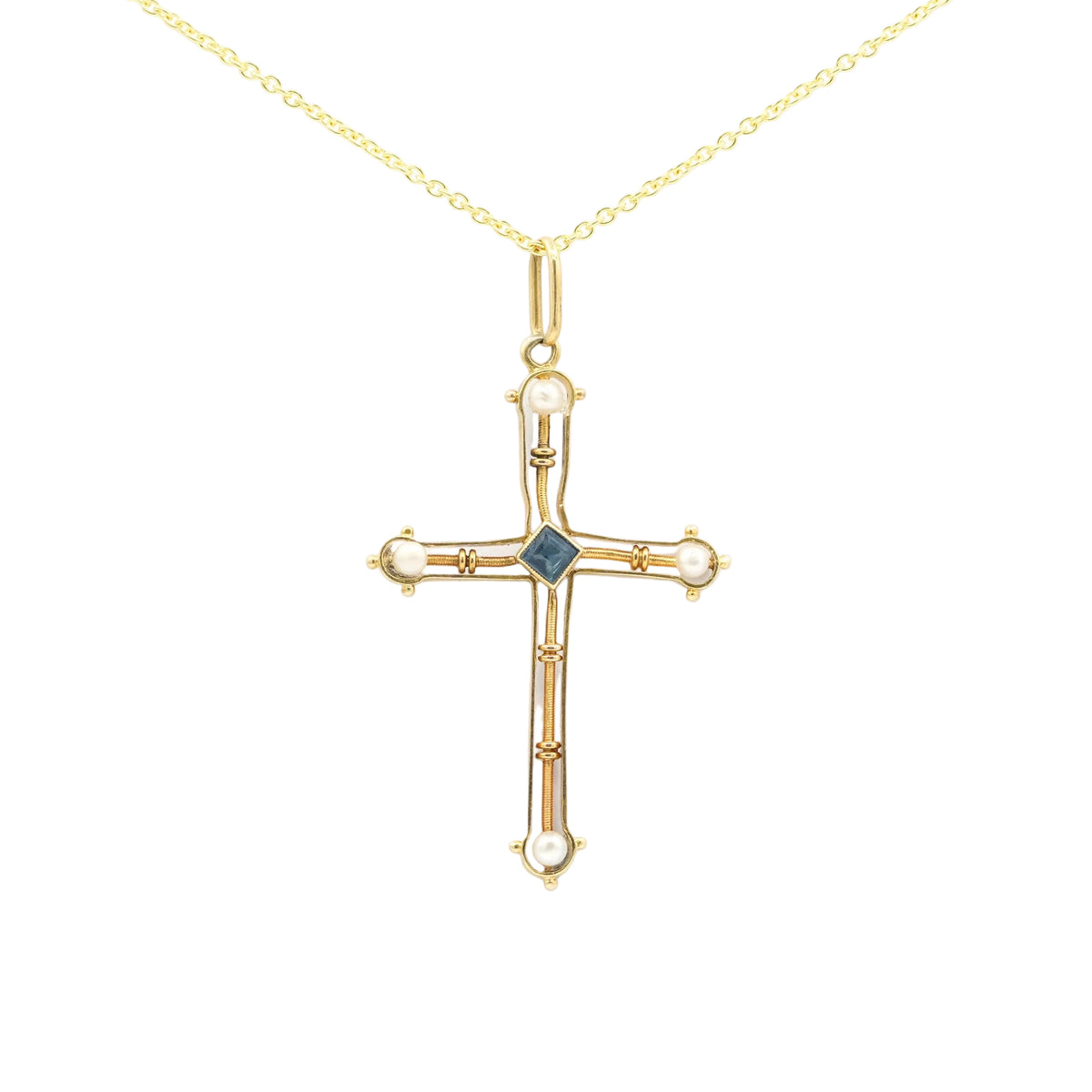 Yellow gold, sapphire, and pearl pendant