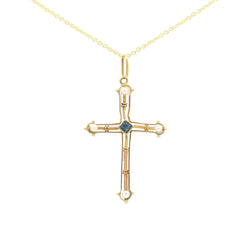 Yellow gold, sapphire, and pearl pendant