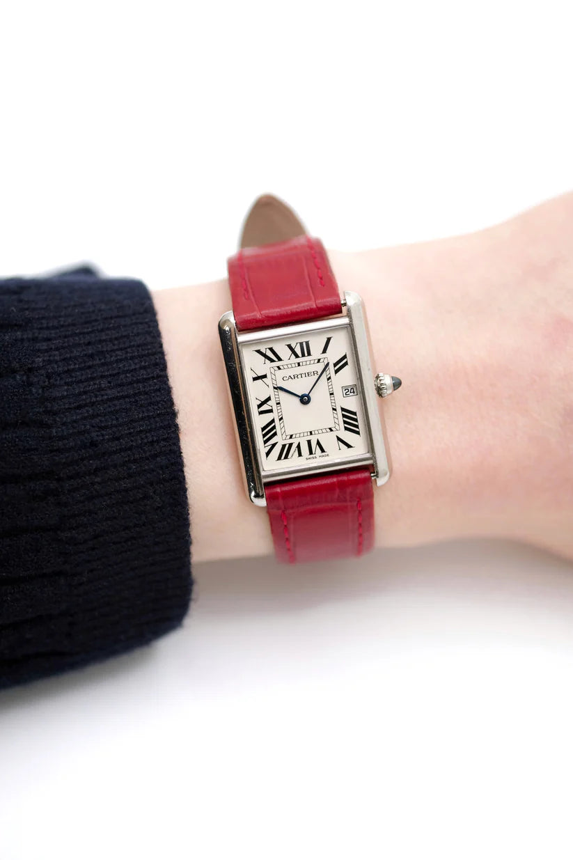 CARTIER "Tank Louis" watch in white gold, sapphire, and leather