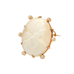 Yellow Gold Brooch with Pearls and a Cameo
