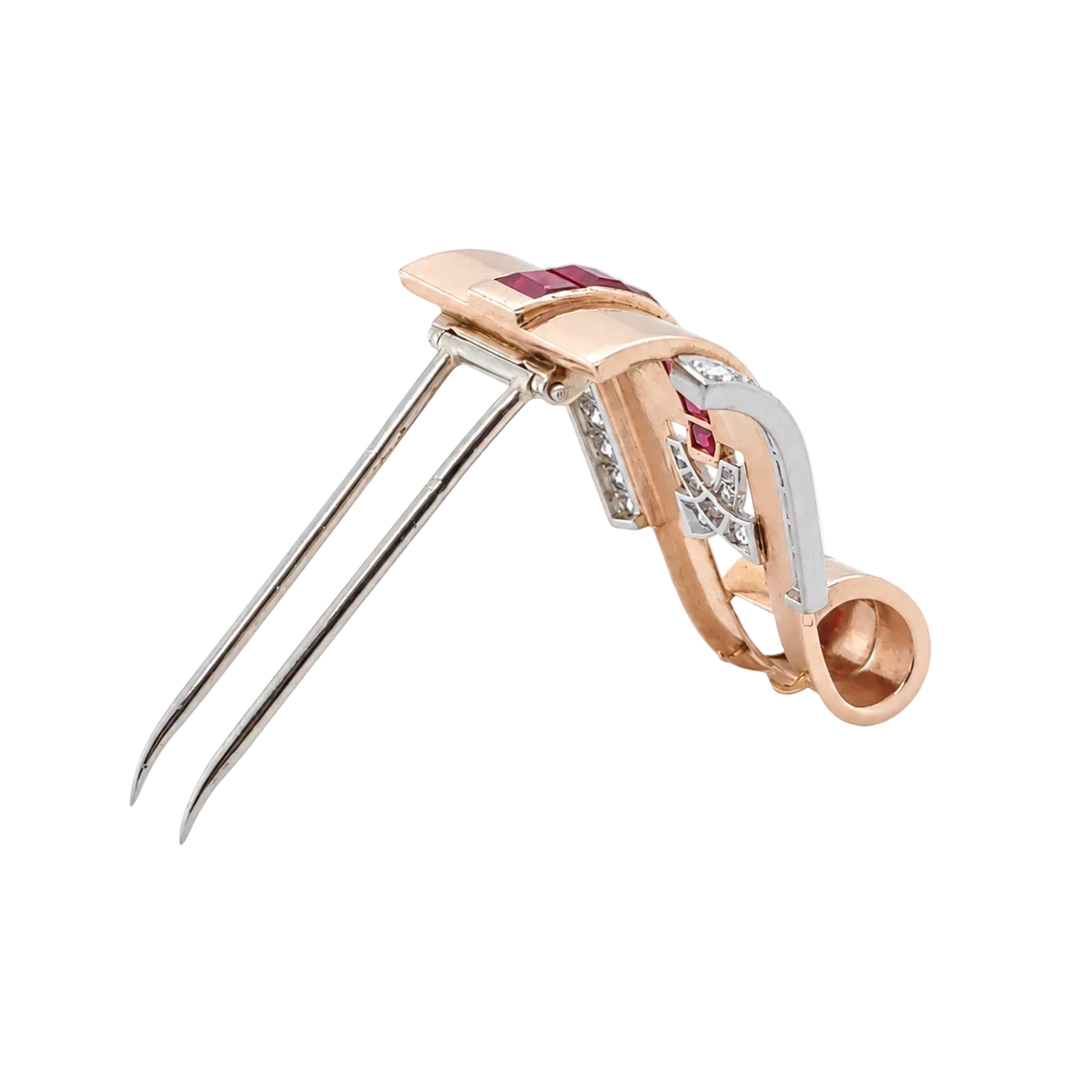 Clip Brooch in White Gold, Rose gold, Rubies, and Diamonds