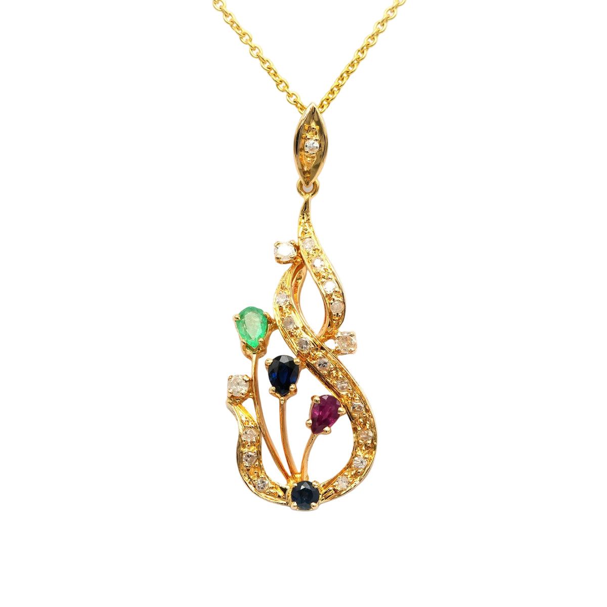 Yellow gold pendant with rubies, sapphires, emeralds, and diamonds