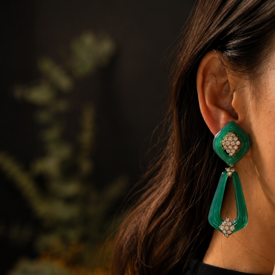 RENE KERN earrings in yellow gold, chrysoprase, and diamonds