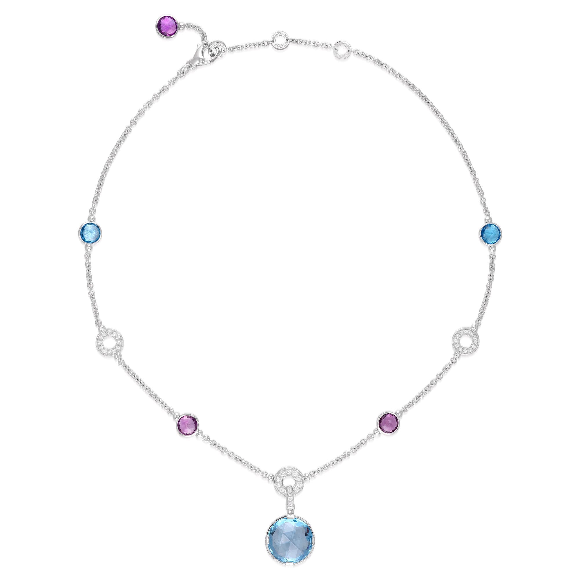 BVLGARI "Parentesi Cocktail" Necklace in white gold, blue topazes, amethysts and diamonds