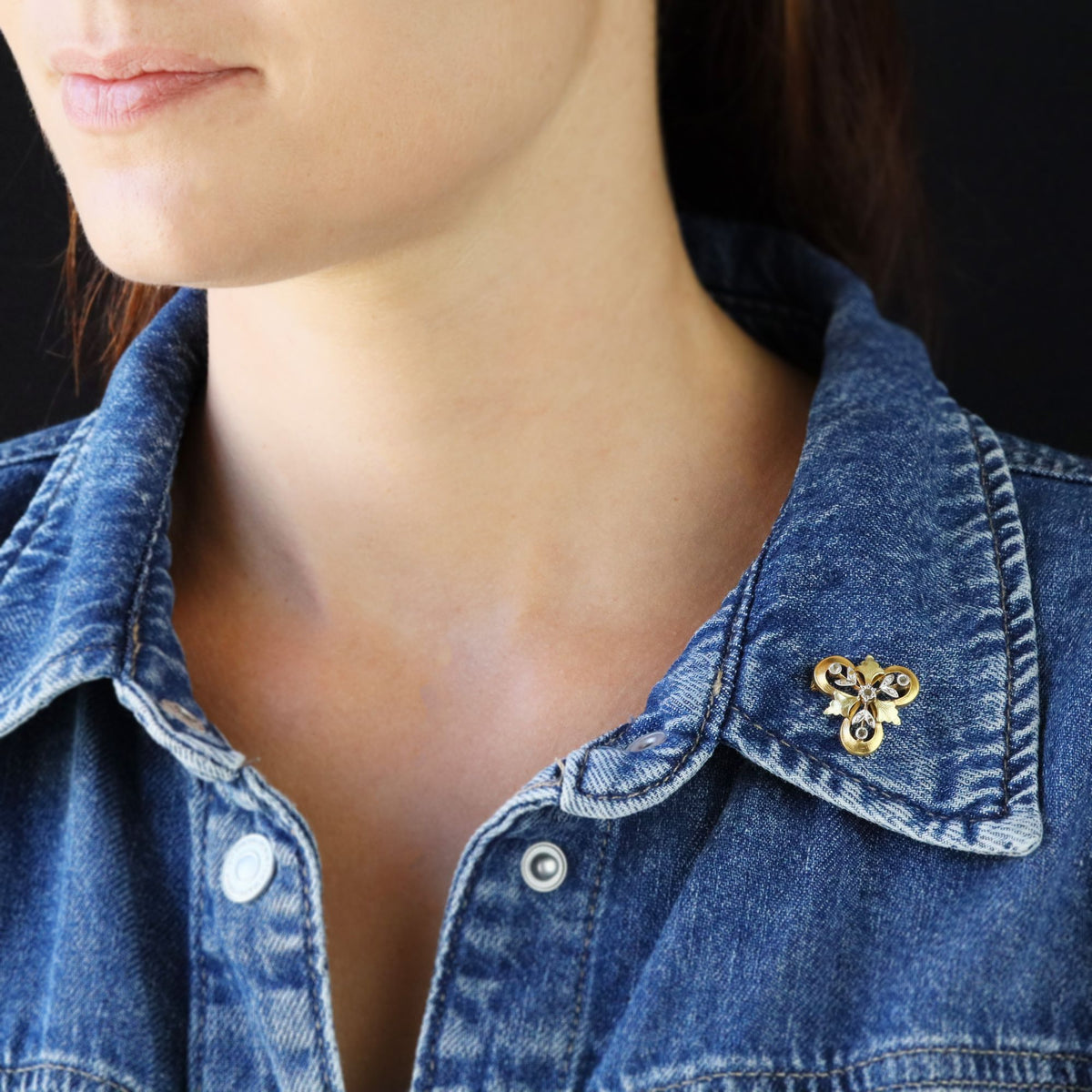 Brooch in white gold, yellow gold, green gold, and diamonds