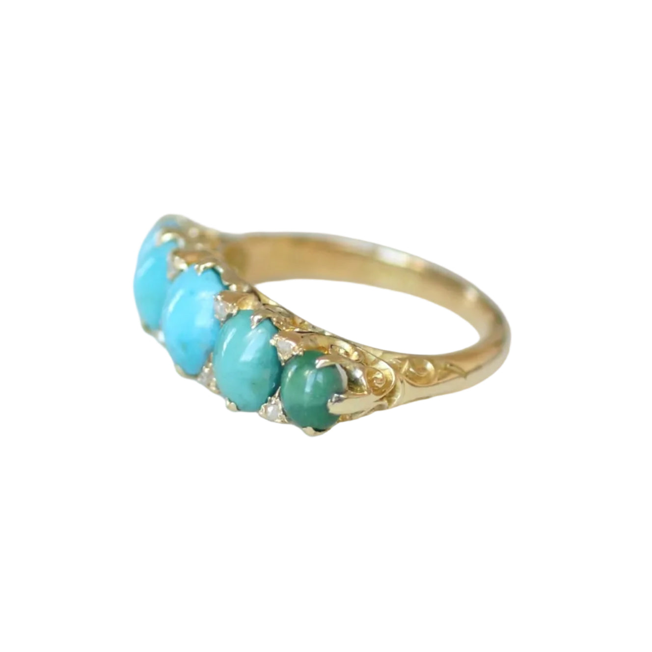 Bague Jarretière en or jaune, turquoises et diamants