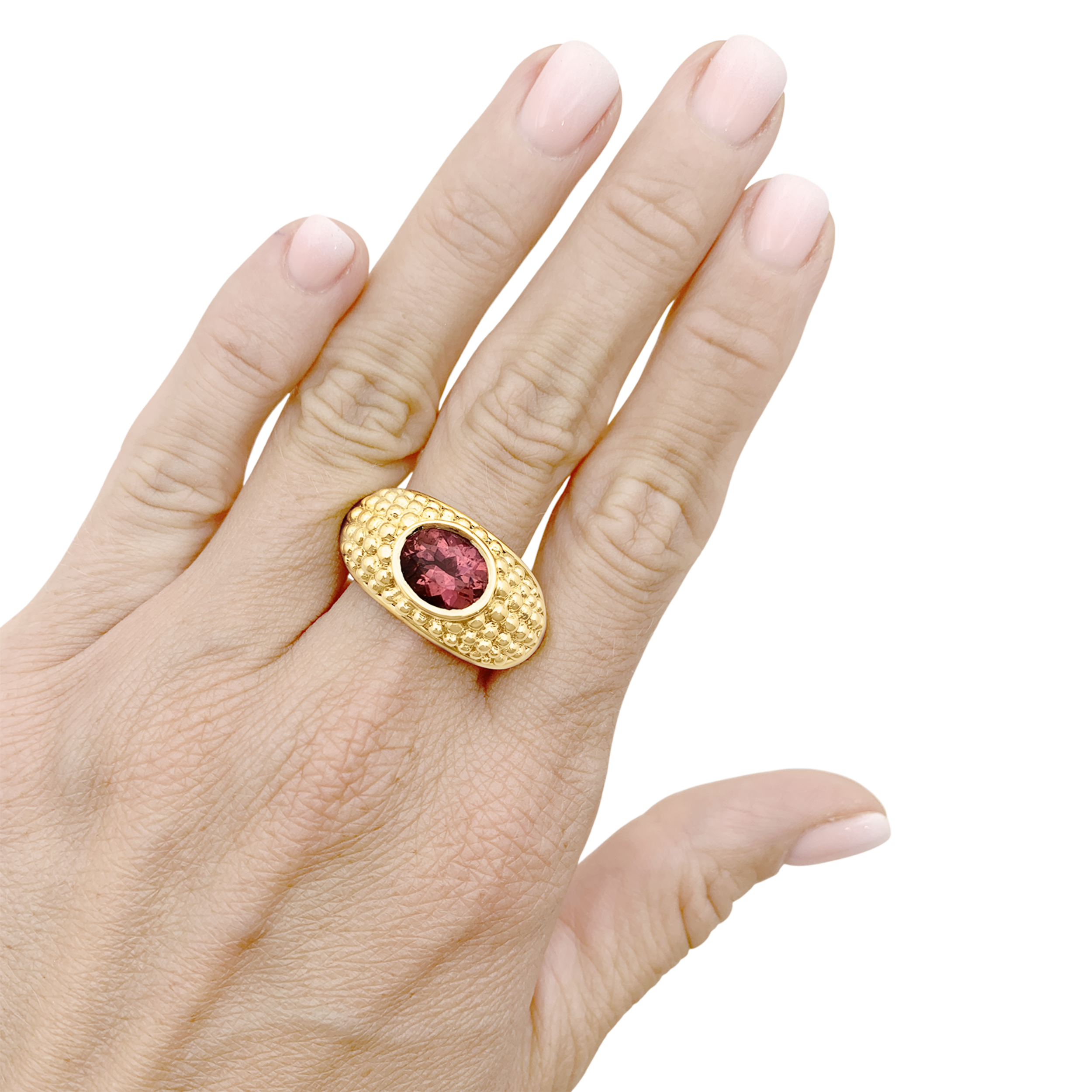 Bague Hérail, "Babul Work", or jaune, tourmaline rose.