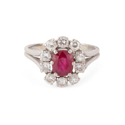 Bague Marguerite en or blanc, rubis et diamants