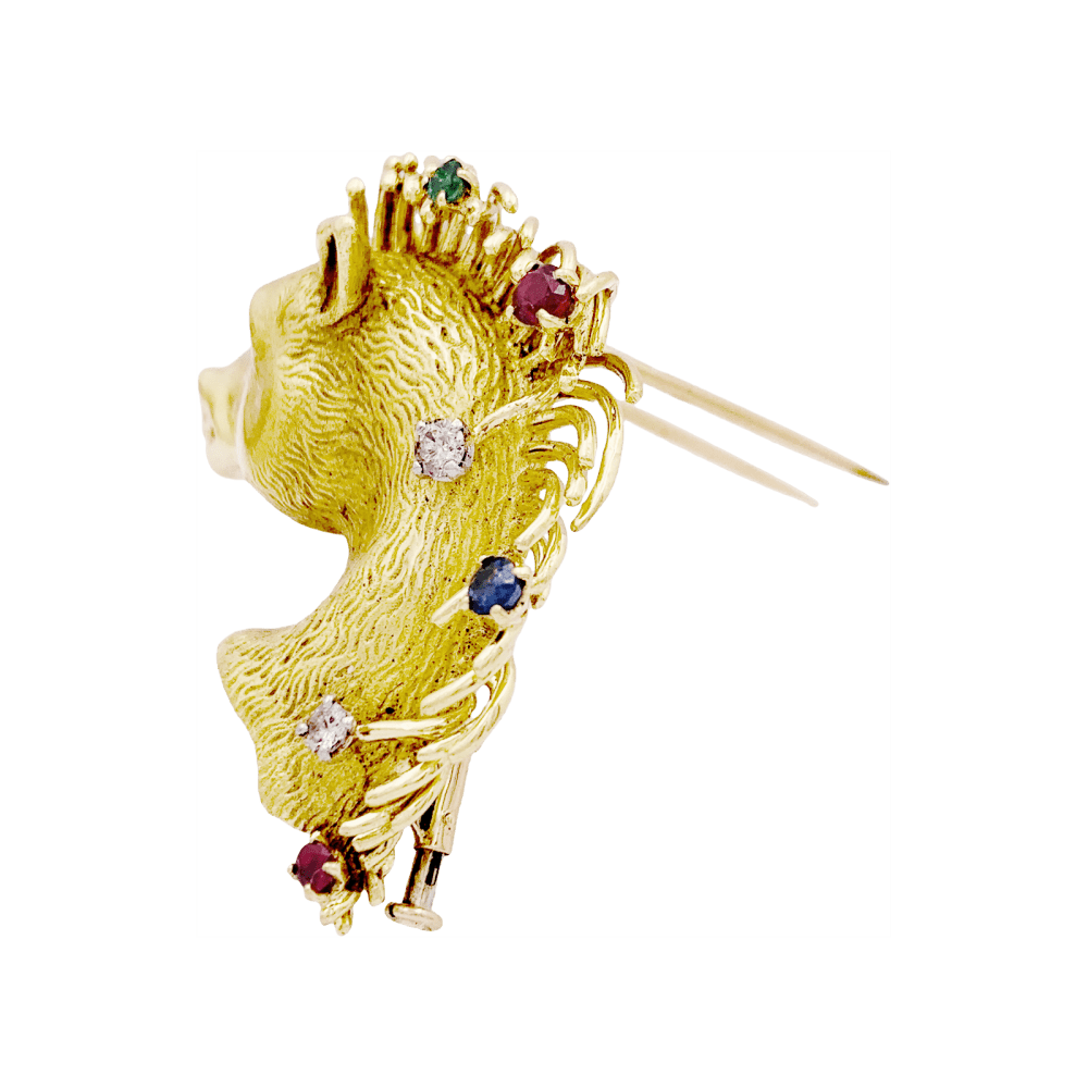Brooch "horse protomea", yellow gold, diamonds, ruby, sapphire and emerald.