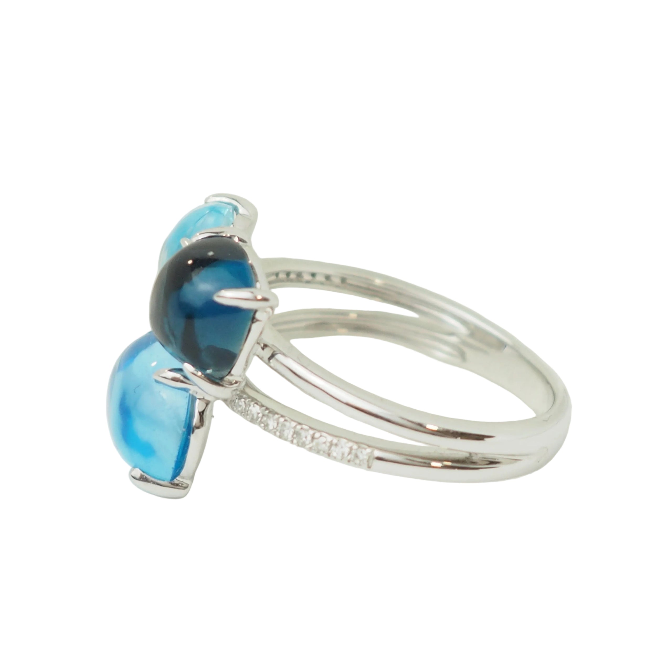 Trilogy Ring in white gold, aquamarine, topaz and diamonds