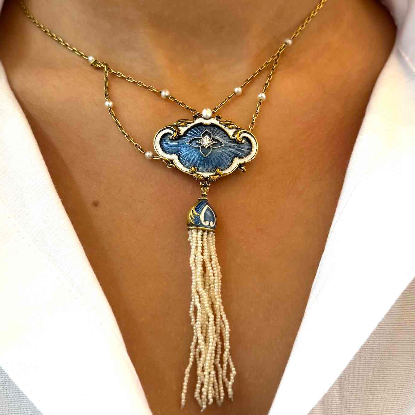 Collier ancien 19e perles fines, diamant et émail en or 18k