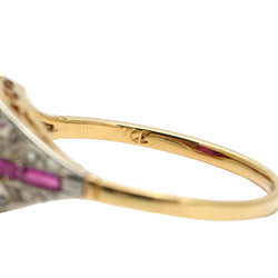 Art Deco ring in white gold, yellow gold, rubies, and diamonds