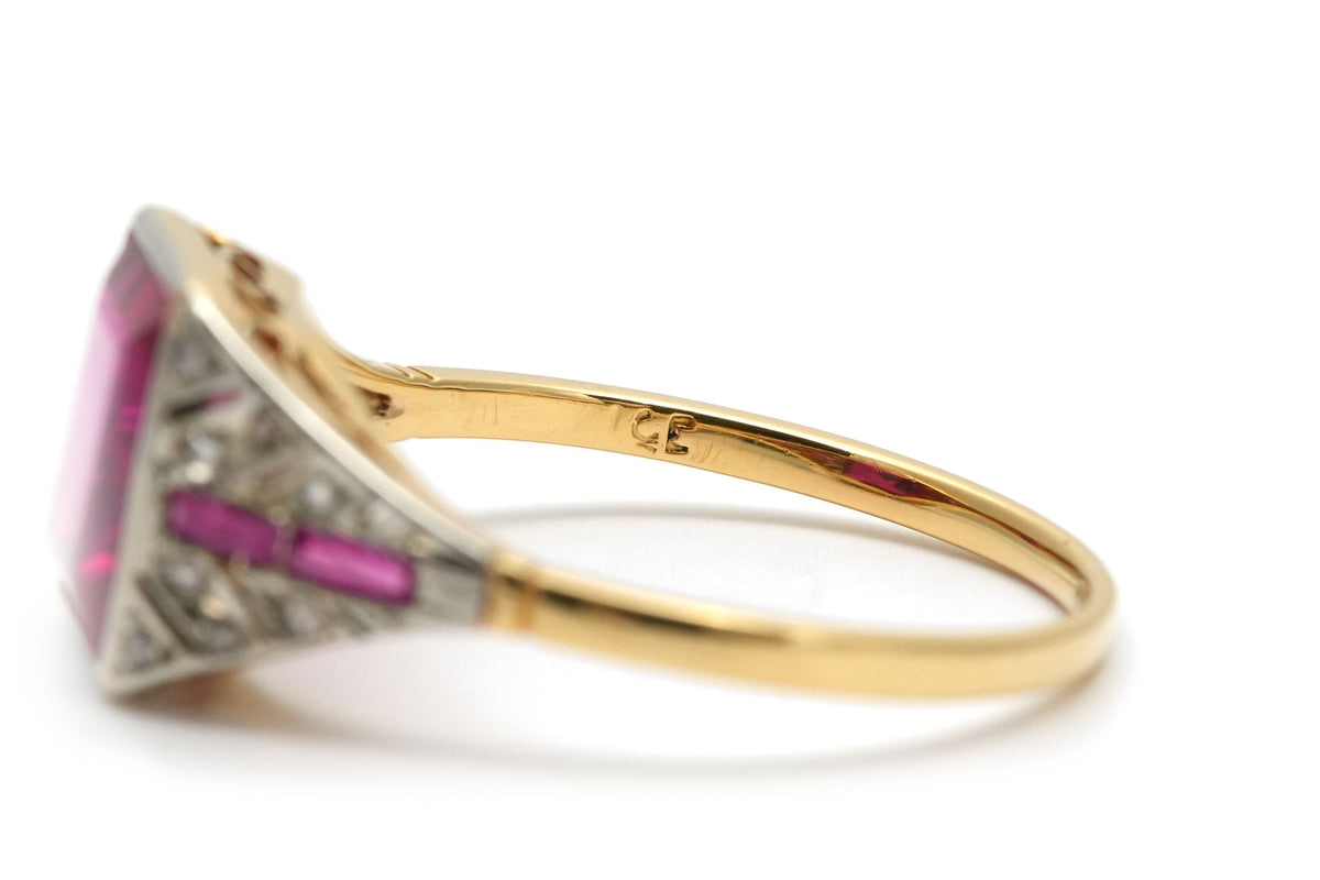 Art Deco ring in white gold, yellow gold, rubies, and diamonds