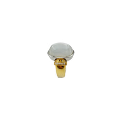 Solitaire Ring in yellow gold, white gold, moonstone, and diamonds
