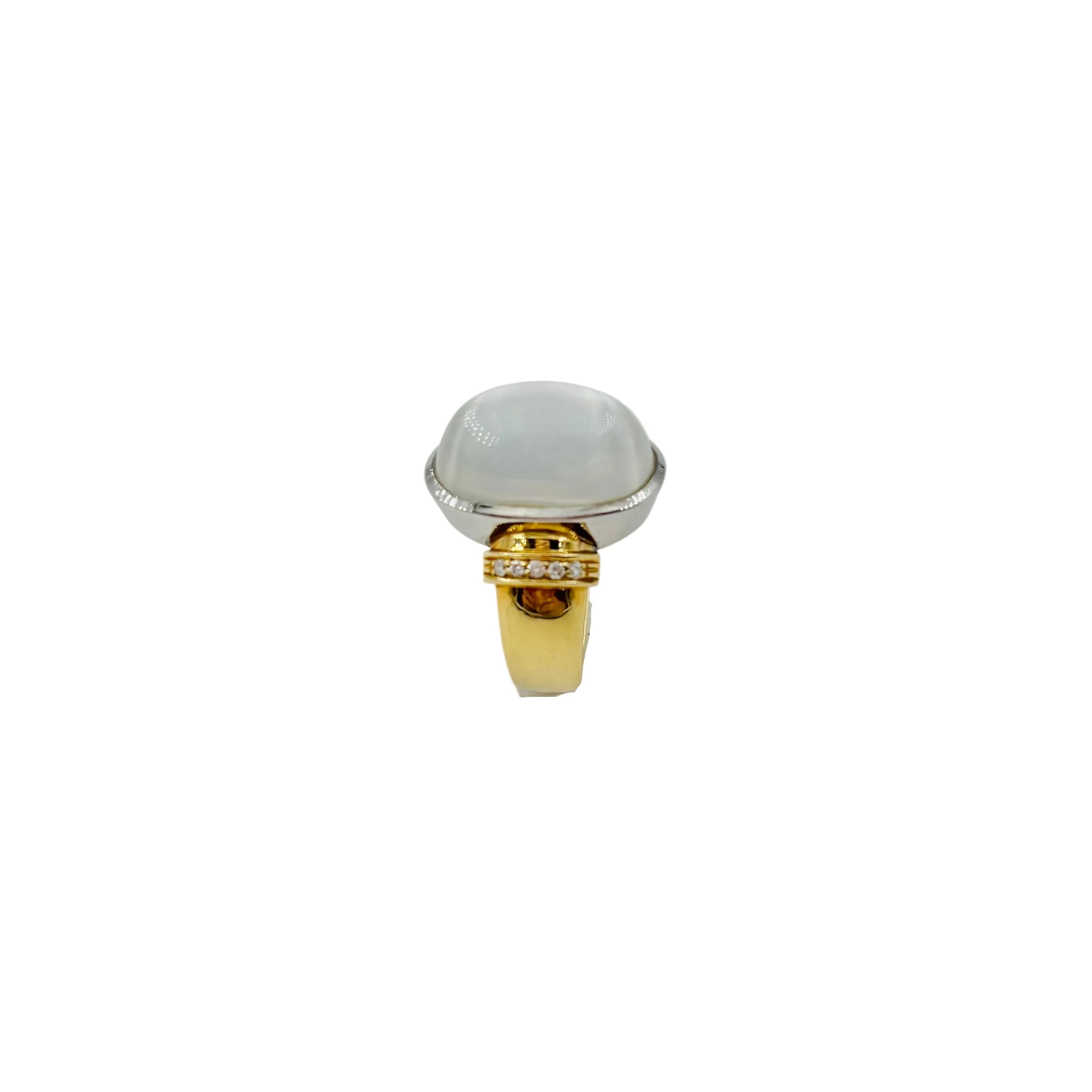 Solitaire Ring in yellow gold, white gold, moonstone, and diamonds