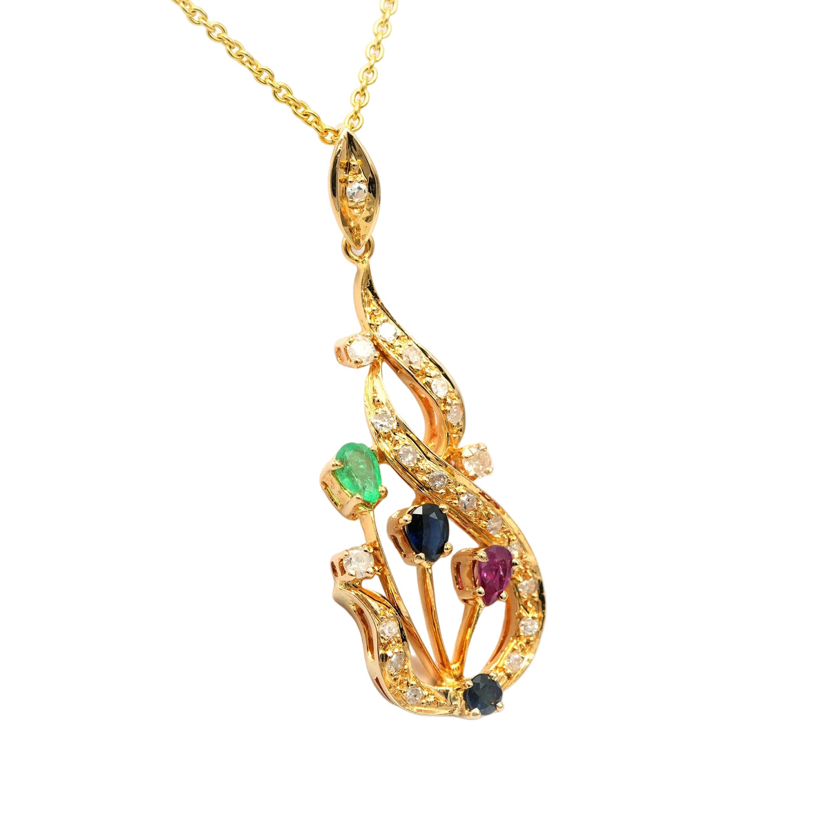 Yellow gold pendant with rubies, sapphires, emeralds, and diamonds
