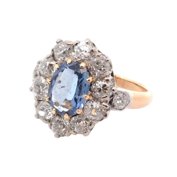 Pompadour Ring in yellow gold, platinum, sapphire, and diamonds