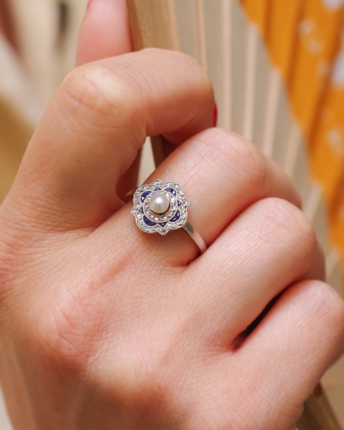 Art Deco Ring with Pearl and Sapphires in Platinum