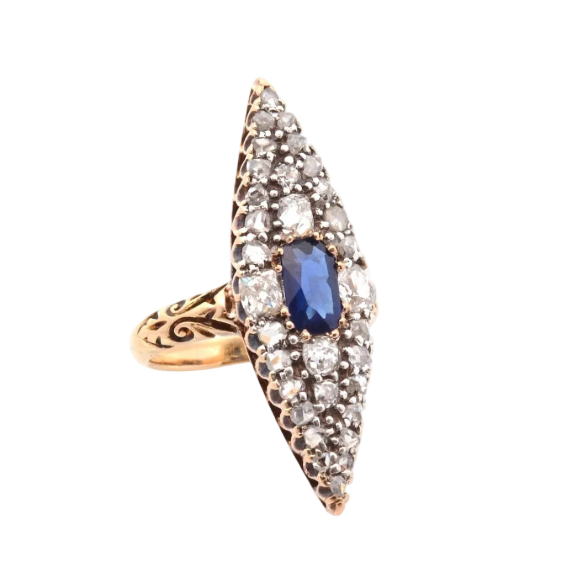 Bague marquise ancienne saphir et diamants
