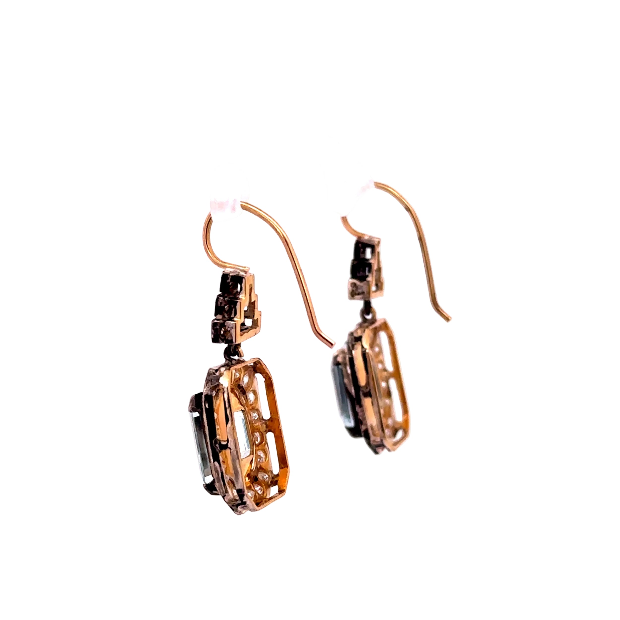 Drop Earrings in Yellow Gold, Silver, Aquamarines, and Diamonds