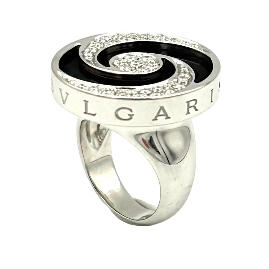 BULGARI "Optical" Cocktail Ring in white gold, steel, Onyx, and Diamonds