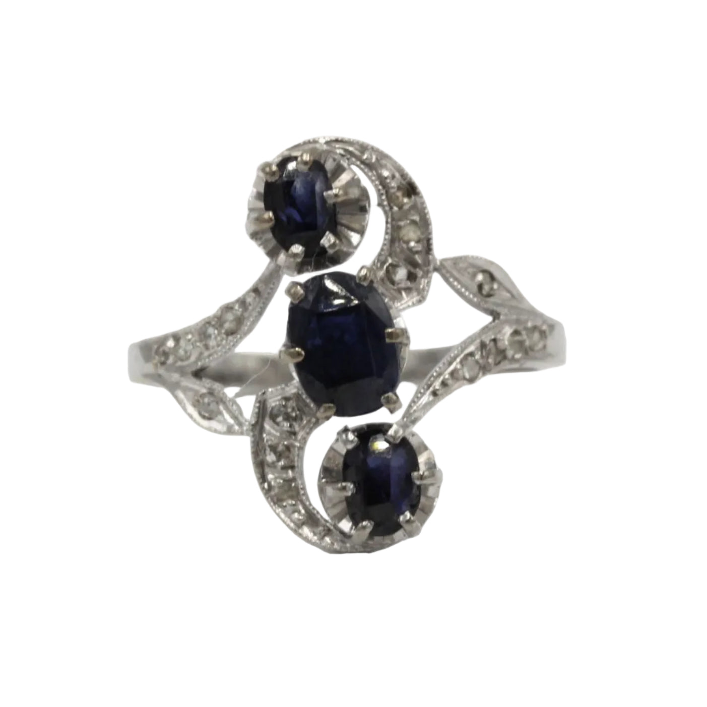 Trilogy Ring in White Gold, Sapphires, and Diamonds