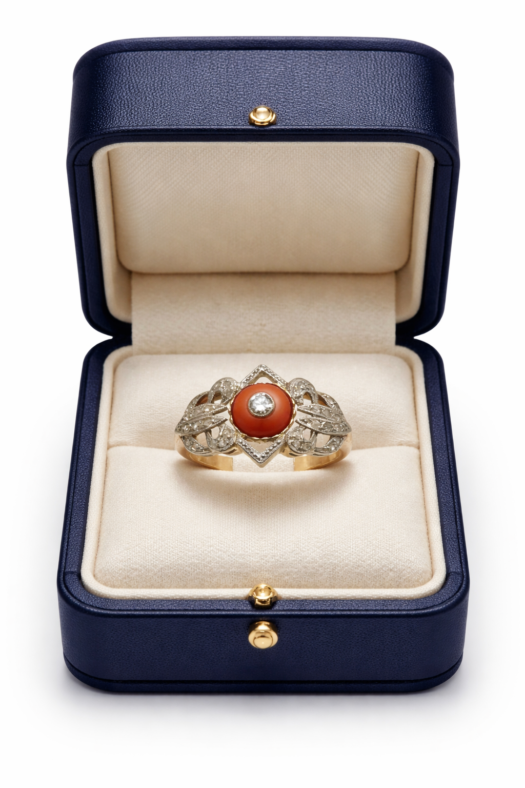 Ring Cocktail in yellow gold, white gold, paltinium, coral and diamonds