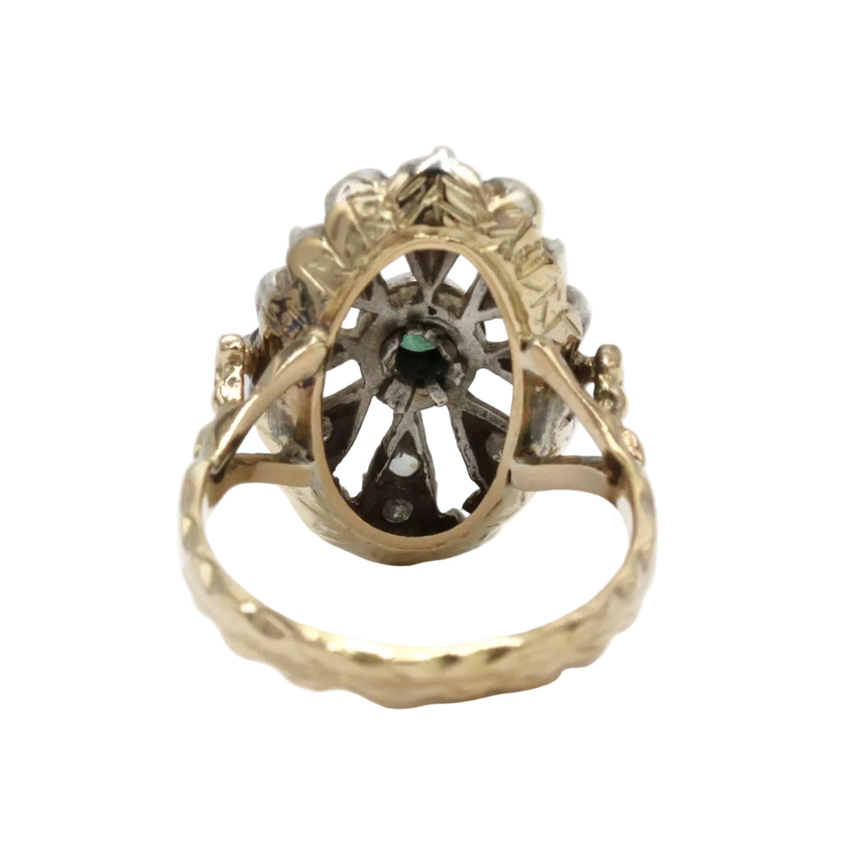 Ring in yellow gold, silver, emerald, and diamonds
