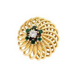 Yellow Gold Dome Ring with Green Stones and a Diamond