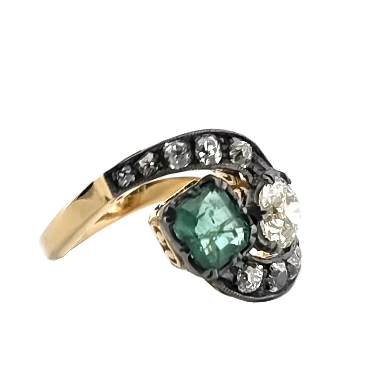 "Toi & Moi" Ring in yellow gold, silver, Emerald, and Diamonds