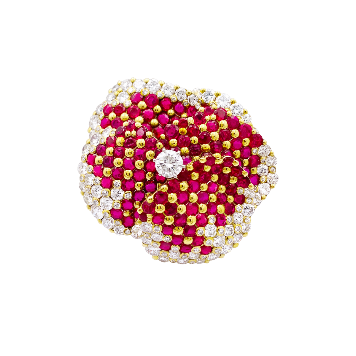 "Pansy" Clip Brooch in Yellow Gold, Rubies, and Diamonds