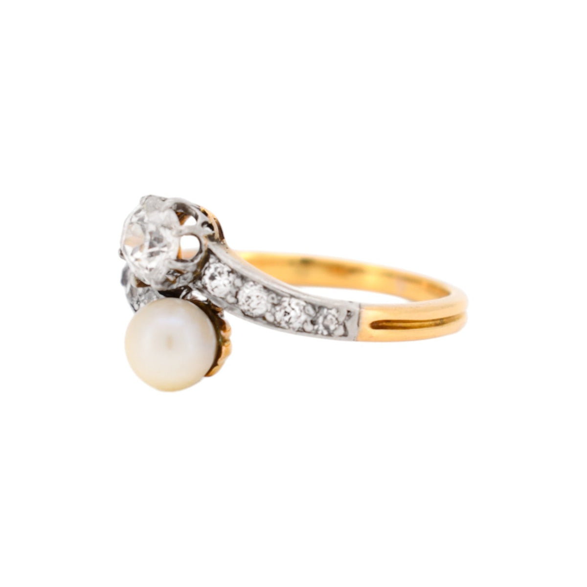 Bague Toi & Moi en or jaune, platine, perle et diamants