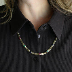 Long Necklace in Yellow Gold with Emeralds, Sapphires, and Rubies