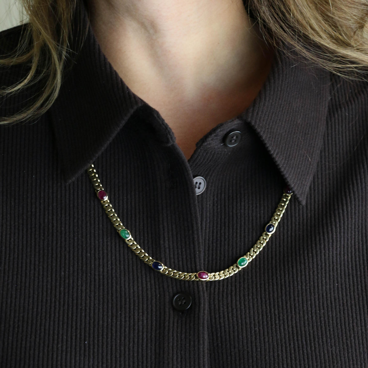 Long Necklace in Yellow Gold with Emeralds, Sapphires, and Rubies