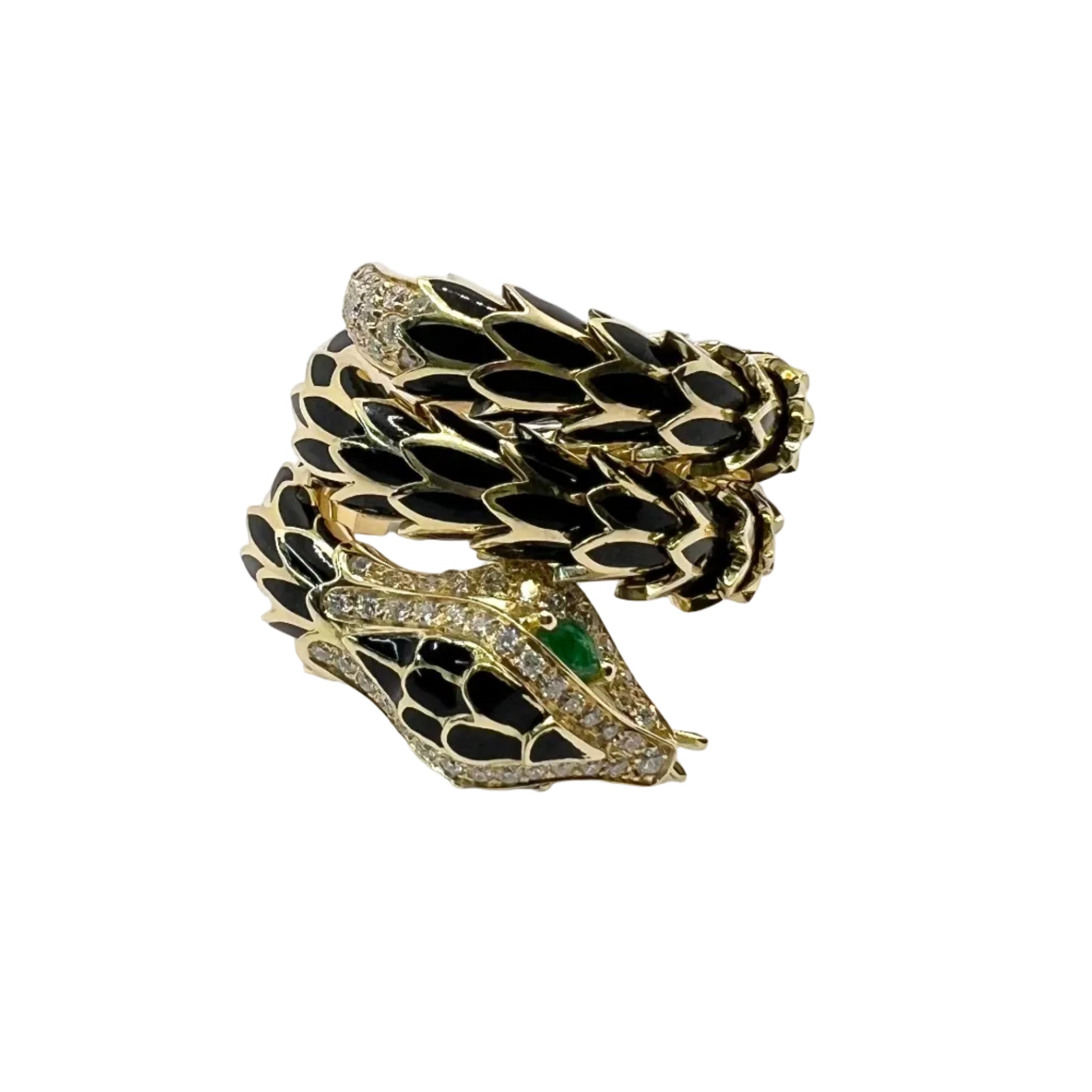 Ring in yellow gold, Enamel, Emeralds, and Diamonds