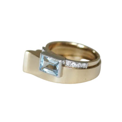 Tank Ring in yellow gold, platinum, aquamarine, and diamonds