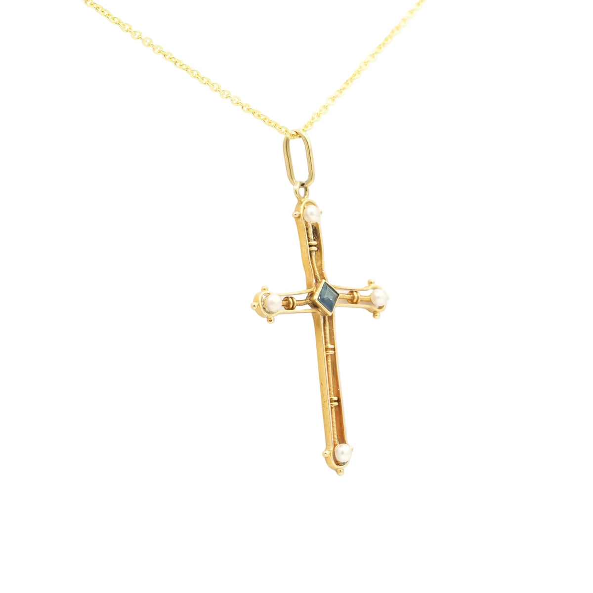 Yellow gold, sapphire, and pearl pendant