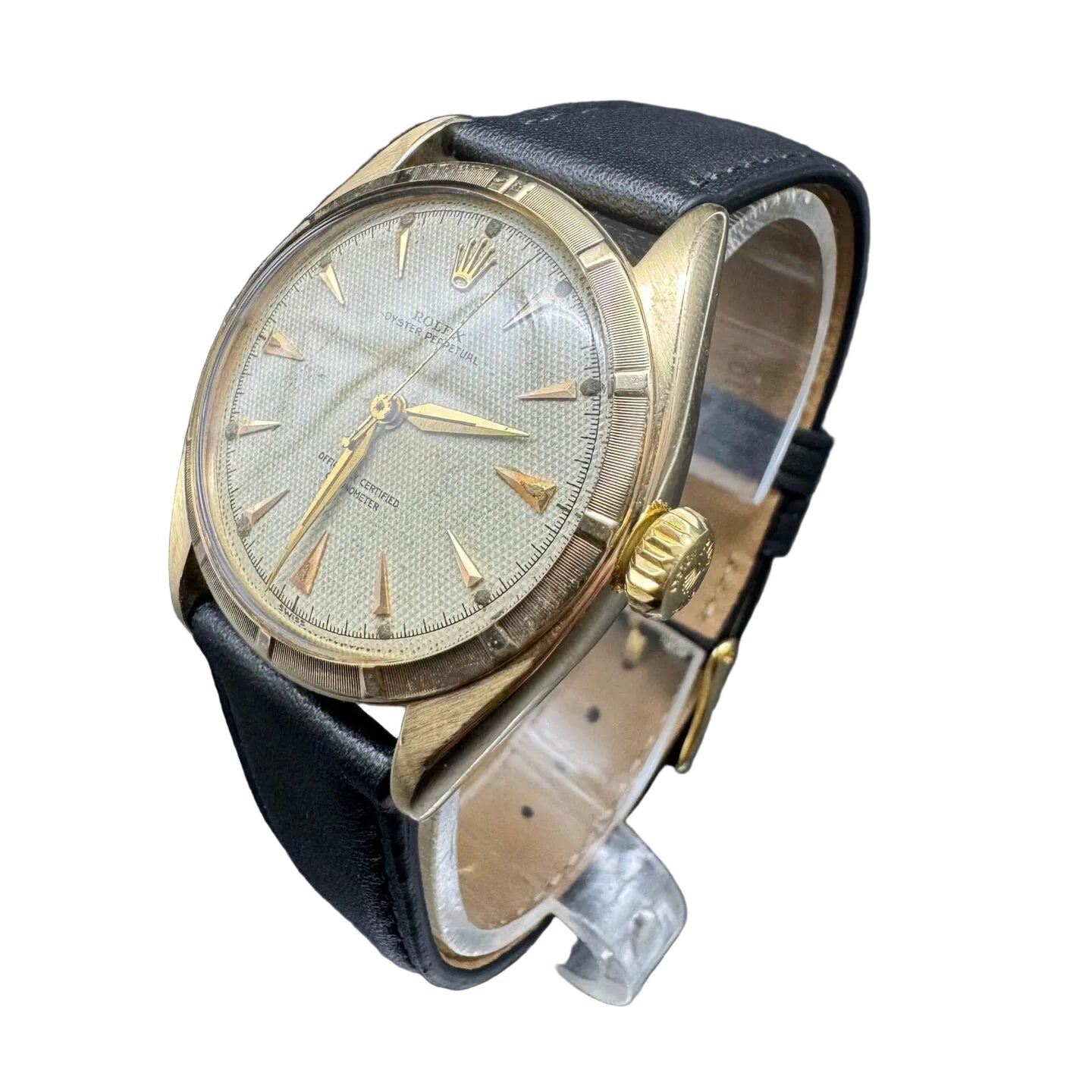 ROLEX "Oyster Perpetual 34" watch in yellow gold and leather