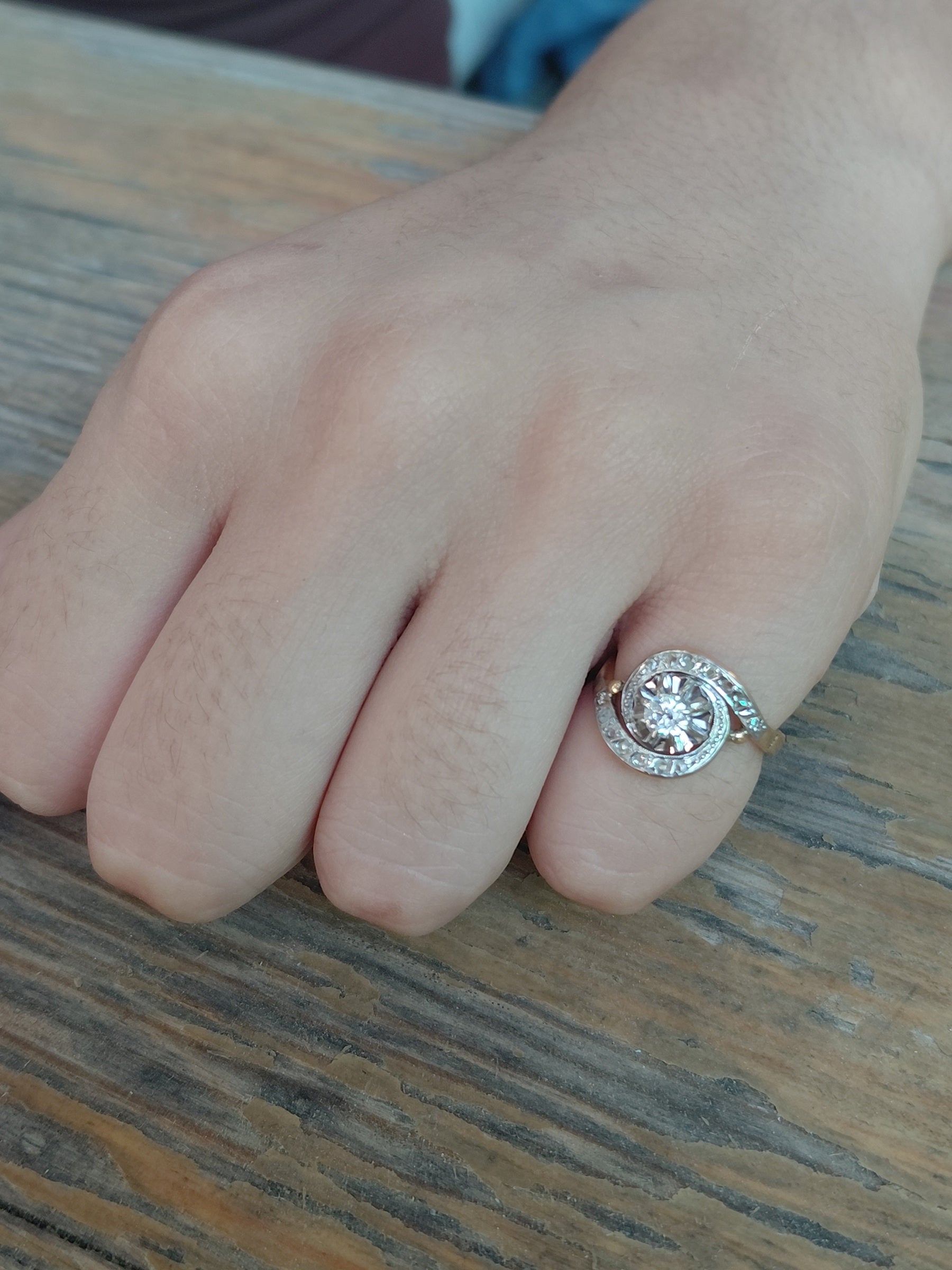 Tourbillon ring in yellow gold, white gold, and diamonds